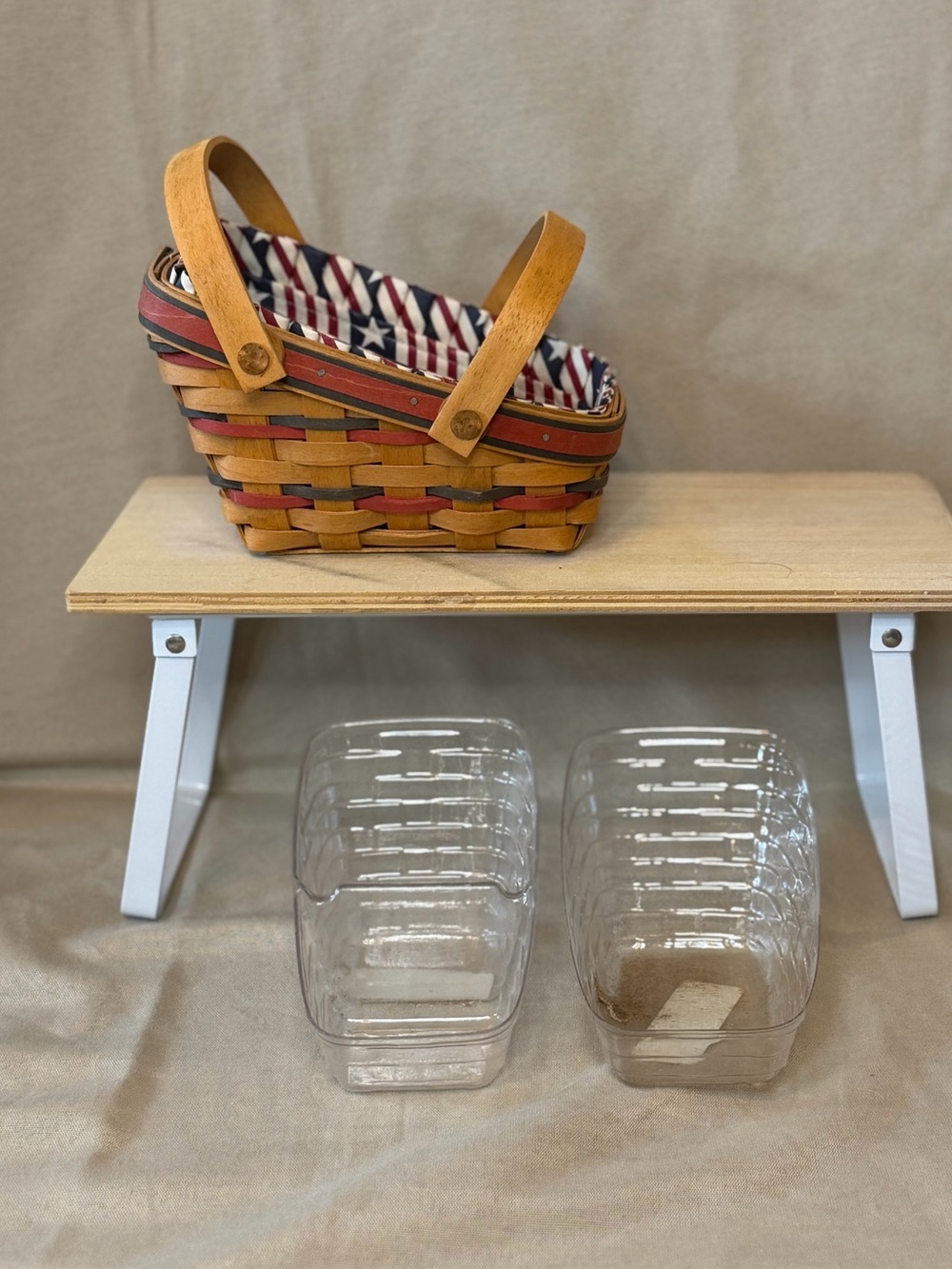 Longaberger Red, Brown, Tan Woven Basket with Fabric Liner and two protectors